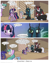 Size: 1200x1552 | Tagged: safe, artist:deusexequus, cozy glow, lord tirek, princess celestia, princess luna, queen chrysalis, twilight sparkle, alicorn, centaur, changeling, changeling queen, pony, taur, comic:fix, g4, 3 panel comic, comic, eyes closed, female, floppy ears, freckles, laughing, looking back, male, mare, open mouth, royal sisters, siblings, sisters, sparkly mane, sparkly wings, speech bubble, twilight sparkle (alicorn), wings
