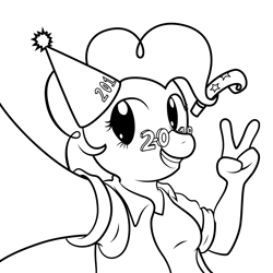 Size: 2048x2048 | Tagged: safe, artist:alixnight, pinkie pie, earth pony, anthro, g4, 2019, affinity designer, black and white, clothes, grayscale, hat, high res, lineart, monochrome, new year, novelty glasses, party hat, party horn, peace sign, prehensile mane, selfie, solo, vector