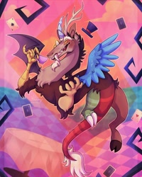 Size: 1080x1351 | Tagged: safe, artist:maxime_owo, discord, draconequus, g4, abstract background, antlers, chaos, cup, digital art, discorded landscape, drawing, fangs, hat, looking at you, monocle, monocle and top hat, playing card, red eyes, solo, teacup, top hat