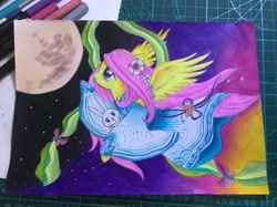 Size: 2134x1600 | Tagged: safe, angel bunny, fluttershy, pegasus, pony, rabbit, g4, animal, clothes, duo, full moon, kimono (clothing), moon, traditional art