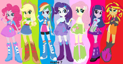 Size: 600x313 | Tagged: safe, artist:lucygucy123, applejack, fluttershy, pinkie pie, rainbow dash, rarity, sunset shimmer, twilight sparkle, human, equestria girls, g4, belt, boots, clothes, cowboy boots, cowboy hat, eqg promo pose set, female, hat, high heel boots, humane five, humane seven, humane six, jacket, shirt, shoes, skirt, socks, twilight sparkle (alicorn)