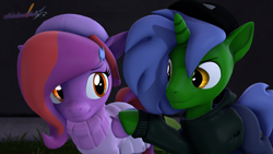 Size: 3840x2160 | Tagged: safe, artist:melodismol, oc, oc:omega(phosphorshy), oc:star beats, pegasus, pony, unicorn, 3d, alley, beanie, clothes, hairclip, hat, high res, hoodie, looking at each other, looking at someone, melodiphosphor, night, pants, skirt, source filmmaker, sweater