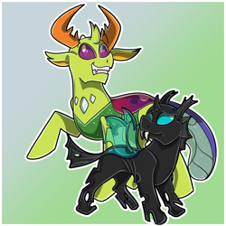 Size: 3000x3000 | Tagged: safe, artist:wulfums, thorax, changedling, changeling, g4, before and after, duality, februpony, green background, high res, king thorax, self paradox, self ponidox, simple background, solo, time paradox