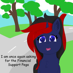 Size: 5000x5000 | Tagged: safe, artist:eminent entropy, oc, oc only, oc:nepeta uchiha, alicorn, pony, bernie sanders, cloud, female, looking at you, mare, meme, ponified, ponified meme, road, scenery, solo, tree