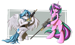 Size: 3159x1898 | Tagged: safe, artist:otkurzacz, oc, oc only, pegasus, pony, unicorn, semi-anthro, arm hooves, awp, bipedal, counter-strike, gun, looking at you, simple background, transparent background, weapon