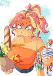 Size: 700x1000 | Tagged: source needed, safe, artist:sozglitch, sunset shimmer, equestria girls, g4, bags, baguette, big breasts, bread, breasts, busty sunset shimmer, candies, candy, chips, clothes, corn, drink, eating, food, groceries, lollipop, open mouth, potato chips, soda, studded belt, sweat, tied hair, tomato, tube top, vegetables