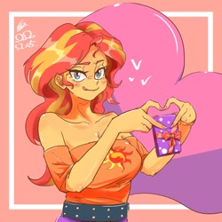 Size: 1000x1000 | Tagged: source needed, safe, artist:sozglitch, sunset shimmer, equestria girls, g4, breasts, busty sunset shimmer, cleavage, gift wrapped, heart, heart hands, heart sign, looking at you, smiling, smiling at you, studded belt, tongue out