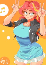 Size: 700x1000 | Tagged: source needed, safe, artist:sozglitch, sunset shimmer, human, equestria girls, g4, bolero jacket, clothes, double peace sign, dress, female, humanized, looking at you, music notes, peace sign, smiling, smiling at you, smirk, solo