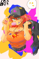 Size: 661x1000 | Tagged: source needed, safe, artist:sozglitch, sunset shimmer, equestria girls, g4, baseball cap, big breasts, breasts, bubblegum, busty sunset shimmer, cap, clothes, female, food, geode of empathy, gum, hat, jacket, looking at you, magical geodes, paint stains, studded belt