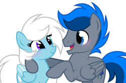 Size: 1845x1219 | Tagged: safe, artist:feather_bloom, oc, oc only, oc:azure thunder, oc:feather bloom(fb), oc:feather_bloom, pegasus, pony, blue eyes, blushing, duo, female, folded wings, hooves, looking at someone, male, mare, open mouth, open smile, pegasus oc, purple eyes, show accurate, signature, simple background, smiling, stallion, tail, two toned mane, two toned tail, white background, white mane, white tail, wings