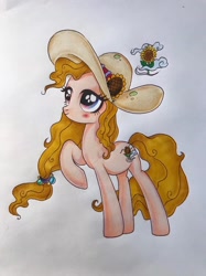 Size: 1600x2138 | Tagged: artist needed, safe, oc, oc:sunflower, earth pony, pony, flower, hat, solo, sunflower, traditional art