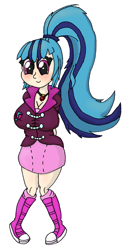 Size: 1435x2791 | Tagged: safe, artist:ewrrfb, sonata dusk, equestria girls, g4, arm behind back, big breasts, blue hair, breasts, busty sonata dusk, cleavage, converse, female, gem, human coloration, looking at you, ponytail, shoes, simple background, siren gem, smiling, smiling at you, sneakers, solo, white background, wide hips