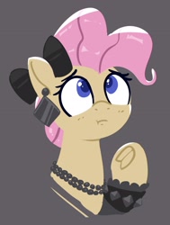 Size: 1851x2446 | Tagged: safe, artist:pabbley, mayor mare, earth pony, pony, g4, neigh anything, 80s mayor mare, bow, ear piercing, earring, female, frog (hoof), gray background, hair bow, jewelry, lineless, looking up, mare, necklace, non-dyed mayor, piercing, simple background, solo, underhoof, younger