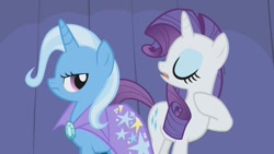 Size: 1280x720 | Tagged: safe, screencap, rarity, trixie, pony, unicorn, boast busters, g4, season 1, brooch, cape, clothes, female, jewelry, mare, trixie's brooch, trixie's cape