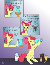 Size: 2550x3300 | Tagged: safe, artist:heavysteno, apple bloom, earth pony, pony, g4, blush sticker, blushing, coffee, drinking, female, filly, foal, high res, hoof hold, magnetic hooves, ruler, solo, thermos