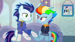 Size: 1280x721 | Tagged: safe, artist:mlplary6, rainbow dash, soarin', pegasus, pony, g4, the last problem, bomber jacket, bride, clothes, dress, duo, female, groom, husband and wife, jacket, looking at each other, looking at someone, male, older, older rainbow dash, older soarin', older soarindash, ship:soarindash, shipping, smiling, straight, wedding dress, wedding photo