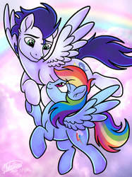 Size: 1600x2134 | Tagged: safe, artist:melspyrose, rainbow dash, soarin', pegasus, pony, g4, cloud, cute, dashabetes, duo, duo male and female, eye contact, eyebrows, eyebrows visible through hair, female, flying, hoof hold, looking at each other, looking at someone, male, mare, rainbow, ship:soarindash, shipping, signature, sky, smiling, smiling at each other, soarinbetes, spread wings, stallion, straight, wings