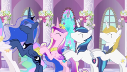 Size: 1280x720 | Tagged: safe, artist:mlp-silver-quill, prince blueblood, princess cadance, princess celestia, princess luna, shining armor, alicorn, pony, unicorn, after the fact, after the fact:keep calm and flutter on, g4, alicorn triarchy, bowtie, canterlot castle, conga line, crown, cute, cutedance, female, flower, imagine spot, jewelry, lunabetes, male, mare, peytral, prince bluebetes, regalia, shining adorable, stallion