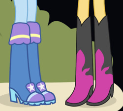 Size: 681x614 | Tagged: safe, sunset shimmer, trixie, equestria girls, g4, boots, boots shot, duo, high heel boots, legs, pictures of legs, shoes