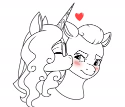 Size: 2377x2048 | Tagged: safe, artist:dancingkinfiend, izzy moonbow, sprout cloverleaf, earth pony, pony, unicorn, g5, my little pony: a new generation, black and white, blushing, bust, cheek kiss, comforting, curly hair, curly mane, embarrassed, eyebrows down, female, glasses, grayscale, happy, heart, high res, horn, kissing, lineart, male, mare, monochrome, ship:izzysprout, shipping, stallion, straight, tsundere, wavy hair, wavy mane
