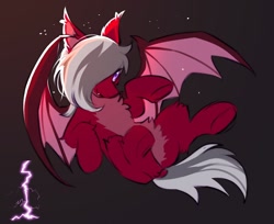 Size: 1228x1000 | Tagged: safe, artist:swaybat, derpibooru exclusive, oc, oc only, oc:ignatius, bat pony, backlighting, bat wings, butt, chest fluff, ear fluff, fangs, gradient background, hair over one eye, leg fluff, lying down, on back, pale belly, plot, solo, wings