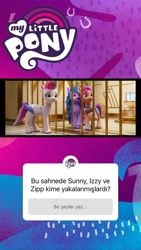 Size: 640x1138 | Tagged: dead source, safe, screencap, izzy moonbow, sunny starscout, zipp storm, earth pony, pegasus, pony, unicorn, g5, my little pony: a new generation, official, spoiler:my little pony: a new generation, 2d, 3d, ball, bars, book, female, horseshoes, instagram, instagram story, jail, leaves, logo, mare, quiz, social media, surprised, tennis ball, turkey (country), turkish, zephyr heights