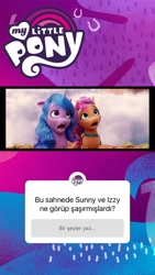 Size: 640x1138 | Tagged: dead source, safe, screencap, izzy moonbow, sunny starscout, earth pony, pony, unicorn, g5, my little pony: a new generation, official, spoiler:my little pony: a new generation, 2d, 3d, cloud, female, horseshoes, instagram, instagram story, leaves, logo, mare, quiz, shocked, surprised, turkey (country), turkish, wave, zephyr heights