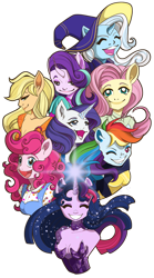 Size: 800x1439 | Tagged: safe, artist:monsterslayerbunny, applejack, fluttershy, pinkie pie, rainbow dash, rarity, starlight glimmer, trixie, twilight sparkle, alicorn, earth pony, pegasus, unicorn, anthro, g4, 2021, crystal horn, glowing, glowing horn, hat, horn, mane six, simple background, transparent background, twilight sparkle (alicorn), vector, wingless, wingless alicorn, wingless anthro, wizard hat