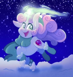 Size: 1583x1668 | Tagged: safe, artist:carouselunique, sweetie belle, pony, unicorn, g4, beanie, boots, clothes, cute, diasweetes, februpony, female, filly, foal, glowing, glowing horn, happy, hat, horn, looking at you, magic, night, open mouth, open smile, scarf, shoes, smiling, smiling at you, snow, solo, stars, winter
