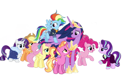 Size: 2560x1600 | Tagged: safe, artist:dawnflame, applejack, fluttershy, luster dawn, pinkie pie, rainbow dash, rarity, starlight glimmer, twilight sparkle, alicorn, earth pony, pegasus, pony, unicorn, g4, the last problem, female, headmare starlight, mane six, mare, older, older applejack, older fluttershy, older mane six, older pinkie pie, older rainbow dash, older rarity, older twilight, older twilight sparkle (alicorn), princess twilight 2.0, simple background, transparent background, twilight sparkle (alicorn)