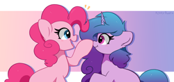 Size: 7112x3352 | Tagged: safe, artist:kittyrosie, izzy moonbow, pinkie pie, earth pony, pony, unicorn, g4, g5, my little pony: a new generation, abstract background, absurd resolution, blushing, boop, cute, daaaaaaaaaaaw, diapinkes, duo, female, happy, izzy and her heroine, izzybetes, looking at each other, looking at someone, mare, open mouth, open smile, simple background, smiling