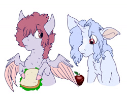 Size: 1280x987 | Tagged: safe, artist:honeypupdragon, oc, oc only, oc:daydream, oc:moondust, pegasus, pony, unicorn, apple, colt, duo, foal, food, hair over one eye, hoof hold, magical lesbian spawn, male, offspring, parent:derpy hooves, parent:rainbow dash, parent:trixie, parent:unknown, parents:derpydash, sandwich, simple background, white background