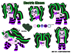 Size: 6585x4979 | Tagged: safe, artist:captshowtime, oc, oc only, oc:electric kisses, pony, unicorn, bangs, bow, clothes, commission, digital art, female, glasses, mare, pigtails, ponysona, reference sheet, simple background, socks, solo, striped socks, white background