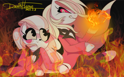 Size: 2559x1600 | Tagged: safe, artist:dawnflame, demon, demon pony, earth pony, pony, charlie morningstar, duality, female, fire, hazbin hotel, hell, hellaverse, hellborn, mare, ponified, princess, princess of hell, solo, that's entertainment