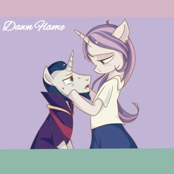 Size: 1600x1600 | Tagged: source needed, safe, artist:dawnflame, chancellor neighsay, oc, oc:silence lavender, pony, unicorn, g4, bipedal, crying, female, horn, looking at each other, looking at someone, male, mare, stallion, unicorn oc