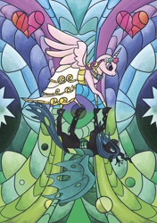 Size: 1748x2480 | Tagged: safe, artist:heatherberserker, princess cadance, queen chrysalis, alicorn, changeling, changeling queen, pony, a canterlot wedding, g4, clothes, dress, duo, female, mare, spread wings, stained glass, wedding dress, wings
