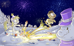 Size: 1280x800 | Tagged: safe, artist:imvicka, derpy hooves, doctor whooves, time turner, earth pony, pegasus, pony, g4, cute, derpabetes, duo, female, fireworks, happy new year, hat, holiday, male, mare, night, party hat, snow, snowpony, stallion, top hat, winter