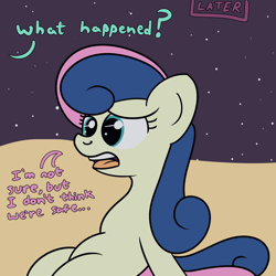 Size: 2000x2000 | Tagged: safe, artist:dafiltafish, bon bon, sweetie drops, earth pony, pony, comic:day by day, g4, beach, dialogue, female, high res, implied lyra, mare, night, offscreen character, open mouth, solo, stars, two toned mane