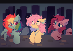 Size: 3300x2300 | Tagged: safe, artist:mirtash, fluttershy, pinkie pie, rainbow dash, earth pony, pegasus, pony, fanfic:cupcakes, fanfic:rainbow factory, g4, alternate hair color, alternate universe, blood, blood stains, cheek fluff, chest fluff, ear fluff, fanfic art, female, fluffy, high res, hoof fluff, looking at someone, mare, messy mane, multicolored hair, pinkamena diane pie, rainbow hair, scar, scared, skyscraper, trio, two toned mane, underhoof, wall, wings