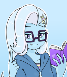 Size: 640x740 | Tagged: safe, artist:batipin, trixie, equestria girls, g4, book, cute, cute little fangs, fangs, female, glasses, looking at you, multiple variants, smiling, solo