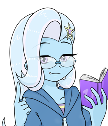 Size: 640x740 | Tagged: safe, alternate version, artist:batipin, trixie, equestria girls, g4, book, cute, cute little fangs, fangs, female, glasses, looking at you, multiple variants, simple background, smiling, solo, transparent background