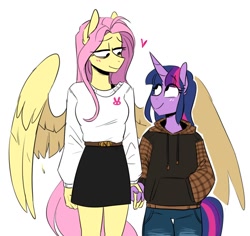 Size: 940x888 | Tagged: safe, artist:redxbacon, fluttershy, twilight sparkle, pegasus, unicorn, anthro, g4, bags under eyes, belt, blouse, blush lines, blushing, bra, bra strap, clothes, cute, ear fluff, female, heart, height difference, holding hands, hoodie, jeans, lesbian, lidded eyes, looking at each other, looking at someone, pants, partially open wings, ship:twishy, shipping, shyabetes, simple background, skirt, smiling, spread wings, sweater, tallershy, twiabetes, underwear, unicorn twilight, white background, winghug, wings