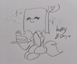 Size: 2048x1712 | Tagged: safe, artist:nootaz, oc, oc:paper bag, cake, food, happy birthday, heart, paper bag, sketch