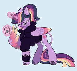 Size: 2600x2400 | Tagged: safe, artist:loryska, twilight sparkle, alicorn, pony, g4, alternate hairstyle, blue background, clothes, cloven hooves, coffee, coffee cup, colored wings, cup, eyes closed, februpony, glasses, gradient wings, high res, hoodie, leonine tail, levitation, magic, round glasses, simple background, solo, spread wings, sweater, tail, telekinesis, twilight sparkle (alicorn), wings, yawn