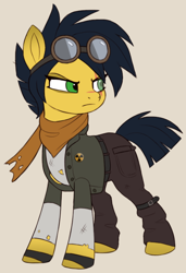 Size: 536x783 | Tagged: safe, artist:luminousdazzle, derpibooru exclusive, oc, oc only, oc:radioactive rain, earth pony, pony, angry, blind eye, clothes, colored, colored sketch, design, female, flat colors, frown, goggles, grumpy, looking away, mare, pants, post nuclear, redesign, scar, scarf, simple background, solo