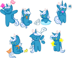 Size: 1707x1379 | Tagged: safe, artist:fancy-graphics, oc, oc:fleurbelle, alicorn, bird, butterfly, pony, shark, adorabelle, alicorn oc, blood, blushing, bow, chibi, cookie, cute, ears back, eating, female, flower, food, hair bow, heart, horn, knife, mare, ocbetes, simple background, speech bubble, stars, sweat, swimming, transparent background, wings