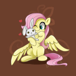 Size: 1280x1280 | Tagged: safe, artist:brella, fluttershy, pegasus, pony, g4, bunny plushie, cute, doll, female, filly, filly fluttershy, floating heart, heart, holding, looking at something, mare, one eye closed, plushie, shyabetes, sitting, smiling, solo, spread wings, toy, wings, wings down, younger