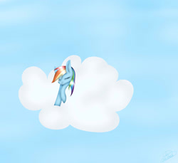 Size: 2558x2345 | Tagged: safe, artist:maneblue, rainbow dash, pegasus, pony, g4, blue background, cloud, female, high res, mare, on a cloud, simple background, sleeping, solo