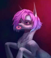 Size: 1890x2160 | Tagged: safe, artist:miurimau, oc, oc only, earth pony, pony, abstract background, bust, chest fluff, donut, earth pony oc, food, mouth hold, solo