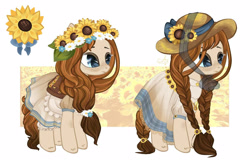 Size: 1250x800 | Tagged: safe, artist:ponsel, oc, oc only, earth pony, pony, abstract background, base used, braid, clothes, dress, female, floral head wreath, flower, hat, mare, sun hat, sunflower
